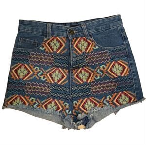 Embroidered Denim Shorts High Waisted Raw Hem Size S Cutoff